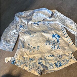 Blue and White Sea-Themed Shirt and Shorts Set